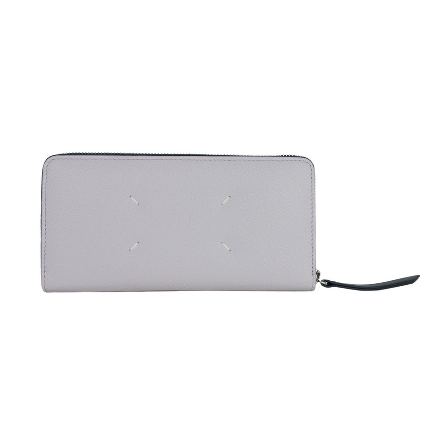 Maison Margiela – lilac leather-look zip-around wallet – front view with four white stitches