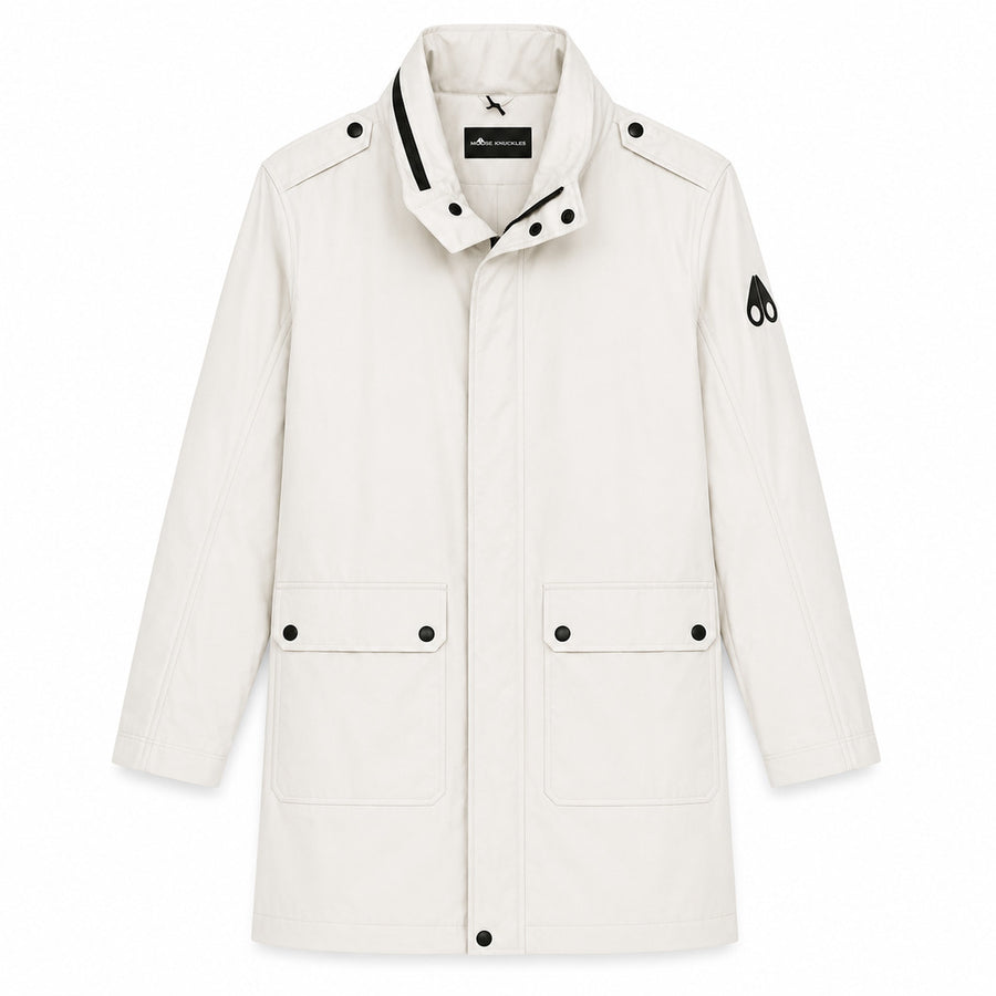 Moose Knuckles – white long rain jacket – front flat view with buttoned pockets