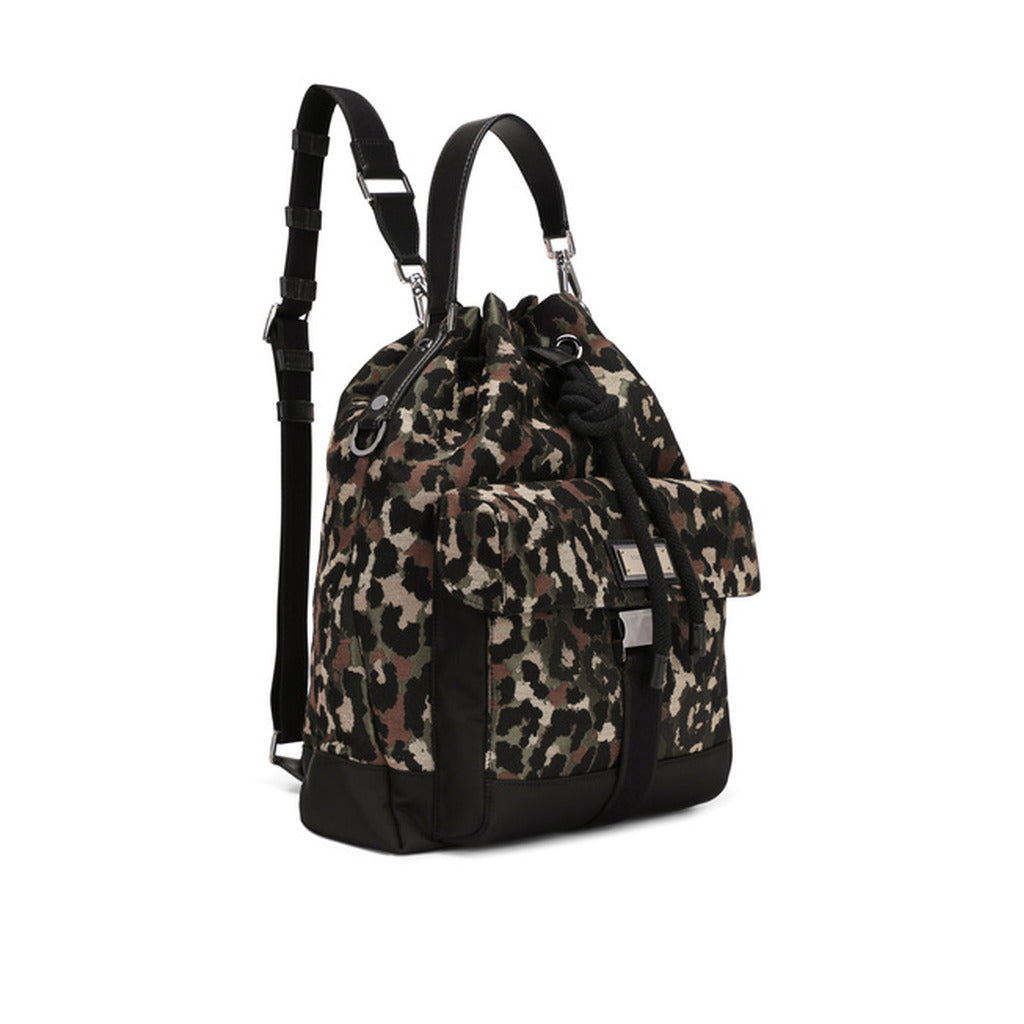 Dolce & Gabbana – camouflage jacquard backpack – angled view with adjustable shoulder straps and front pockets