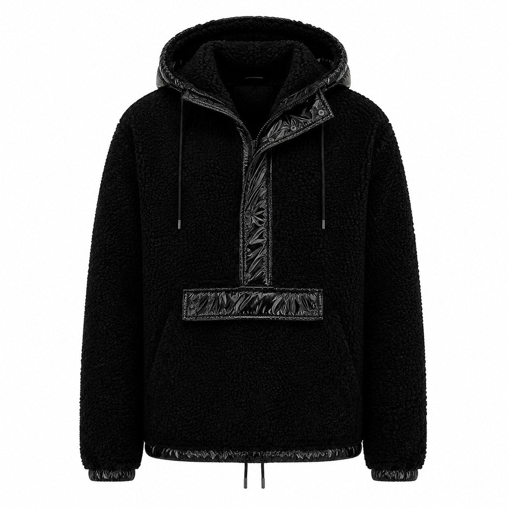 Moose Knuckles – black sherpa jacket with hood – front flat lay