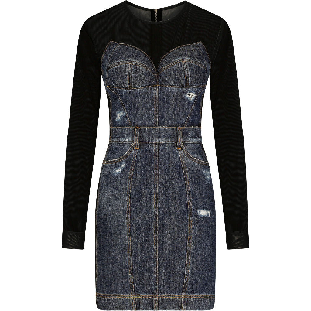 Dolce & Gabbana – patchwork denim short dress – front packshot, black sleeves, blue denim panels