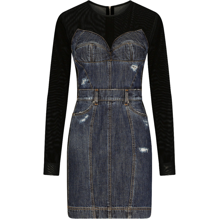 Dolce & Gabbana – patchwork denim short dress – front packshot, black sleeves, blue denim panels