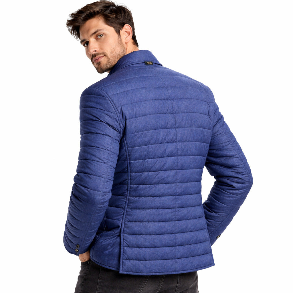 Herno – blue silk-cashmere quilted jacket – back view showing horizontal stitching