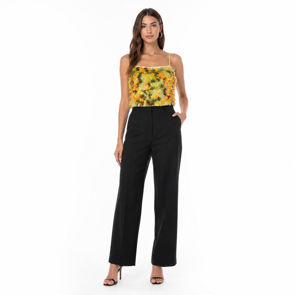 Pinko – Falerno yellow top with thin straps – front view with textured floral appliqué