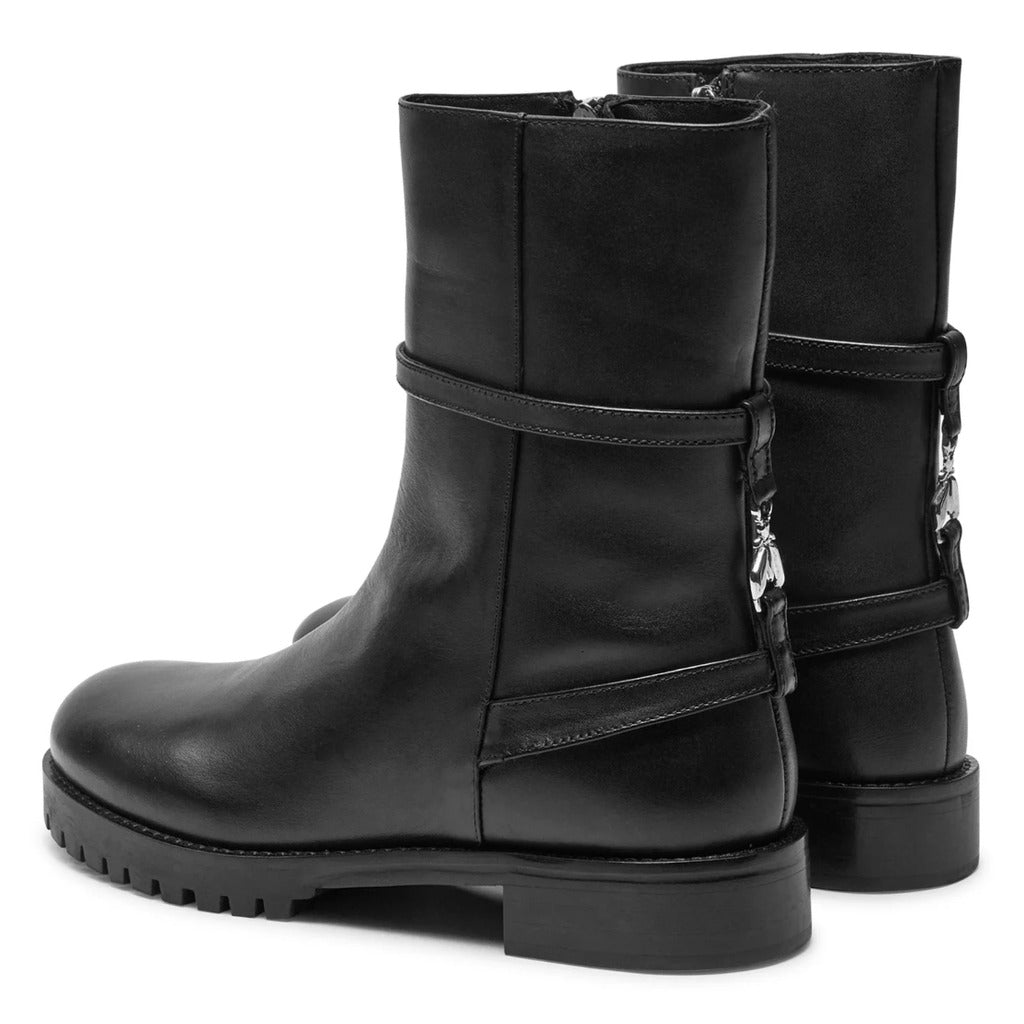 Patrizia Pepe – black calfskin ankle boots – rear three-quarter view showing decorative straps