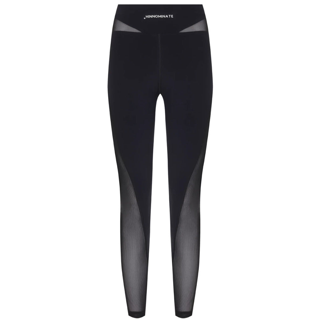Hinnominate – black fitness leggings – front flat lay with sheer mesh panels