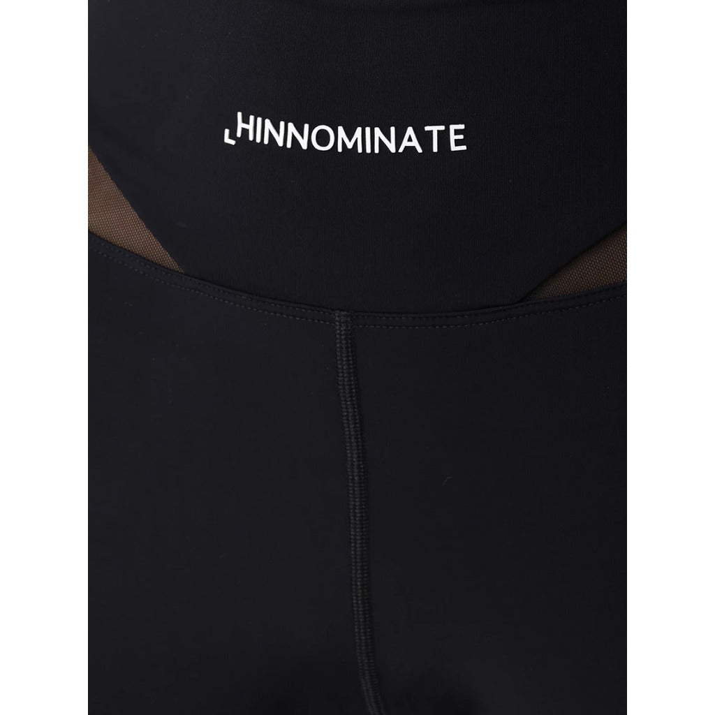 Hinnominate – black fitness leggings – close-up of logo, waistband and mesh inserts