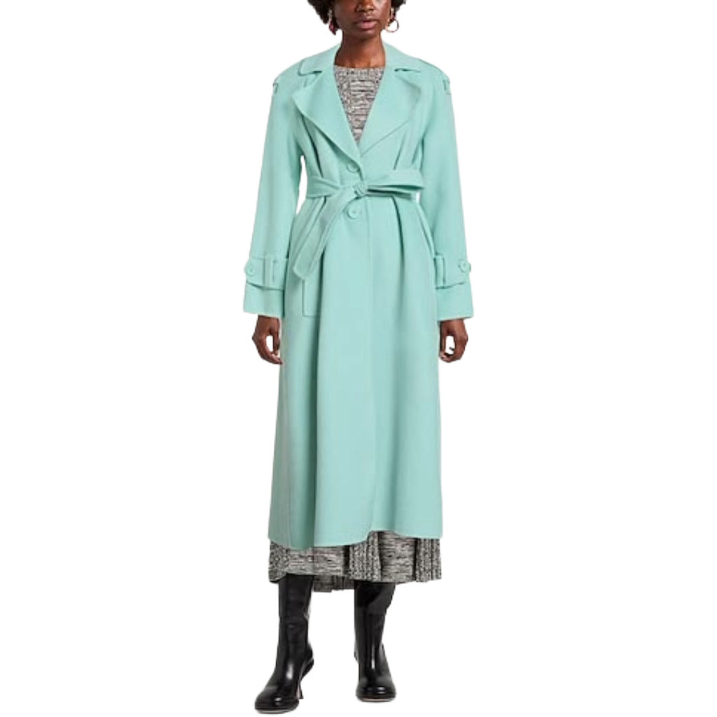 Twinset – mint-green belted trench coat – model wearing it from the front