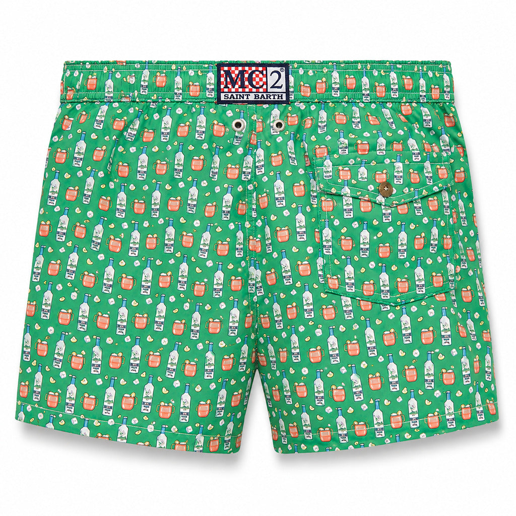 Mc2 Saint Barth – green swim trunks – back view with logo label and flap pocket
