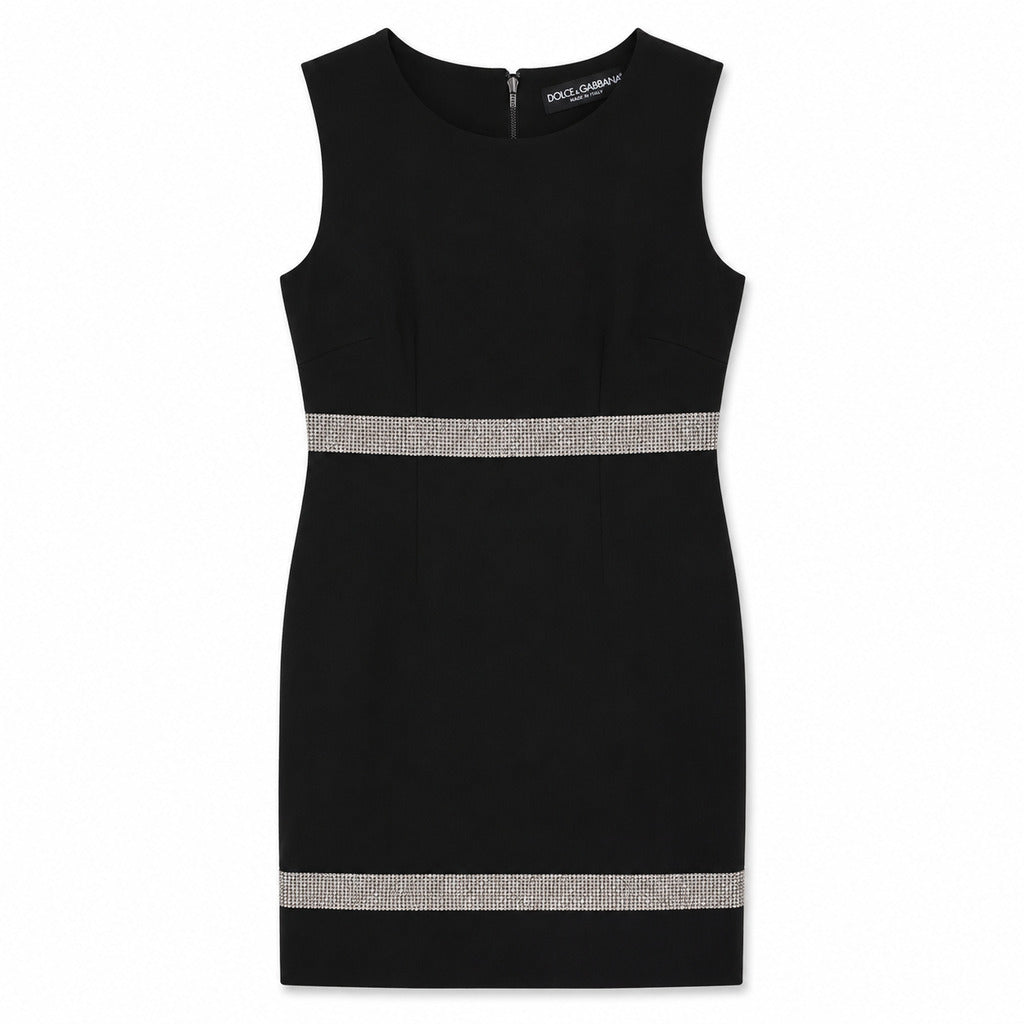 Dolce & Gabbana – black sleeveless crystal dress – front flat view with waist and hem bands