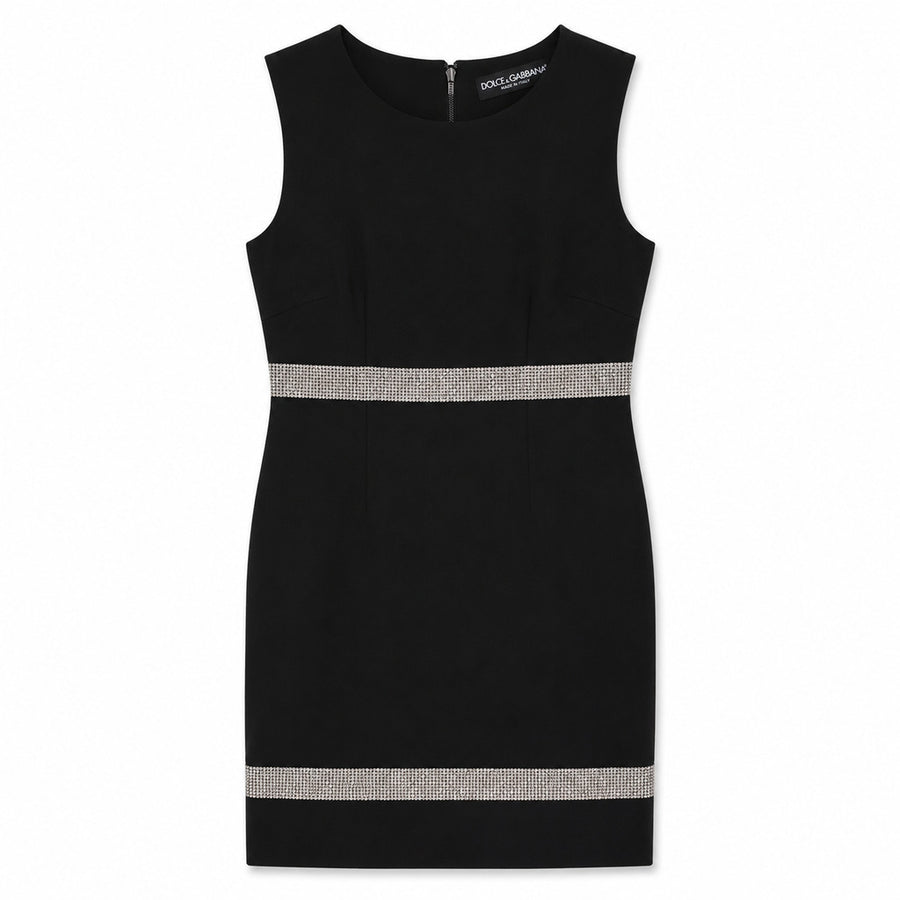 Dolce & Gabbana – black sleeveless crystal dress – front flat view with waist and hem bands