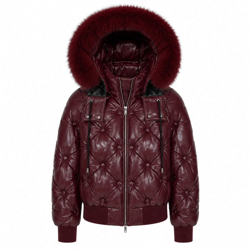 Moose Knuckles – purple padded jacket with fur-trimmed hood – front product view