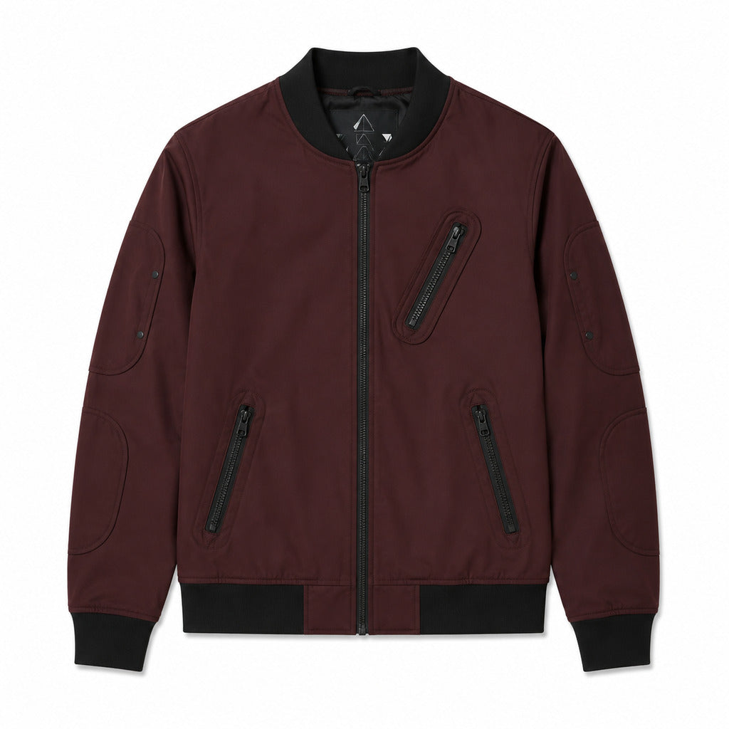 Moose Knuckles – burgundy jacket with black trim – front flat lay with zip pockets