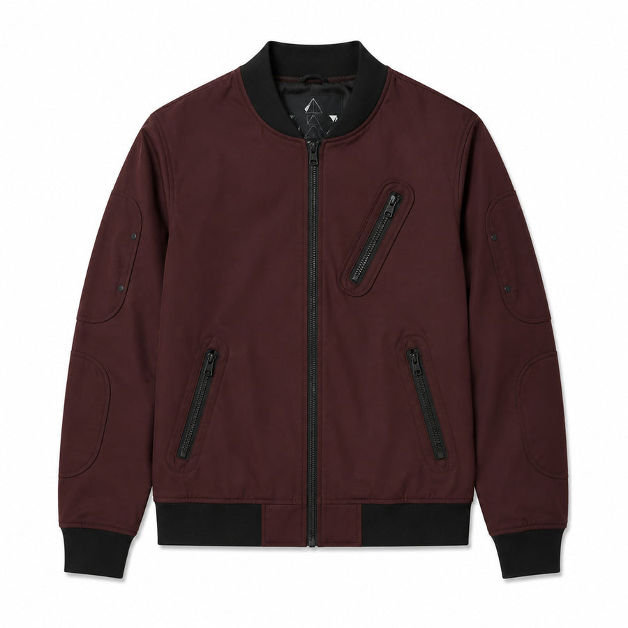 Moose Knuckles – burgundy jacket with black trim – front flat lay with zip pockets