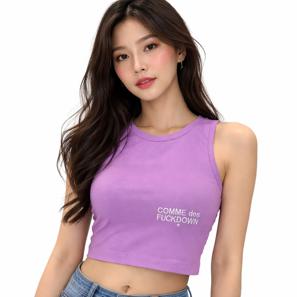 Comme Des Fuckdown – purple cropped sleeveless top – front view worn with small chest logo