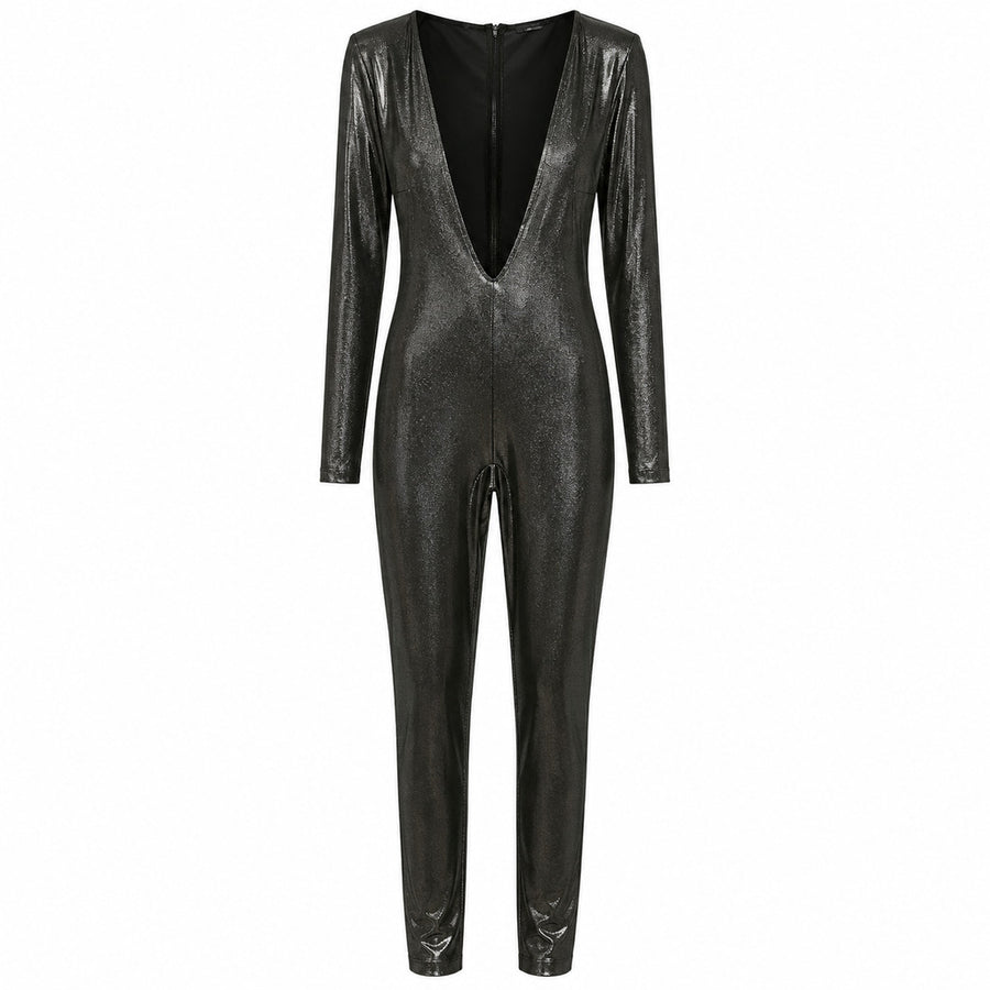 Dolce & Gabbana – grey glossy jumpsuit with long sleeves and deep V-neck – front flat view