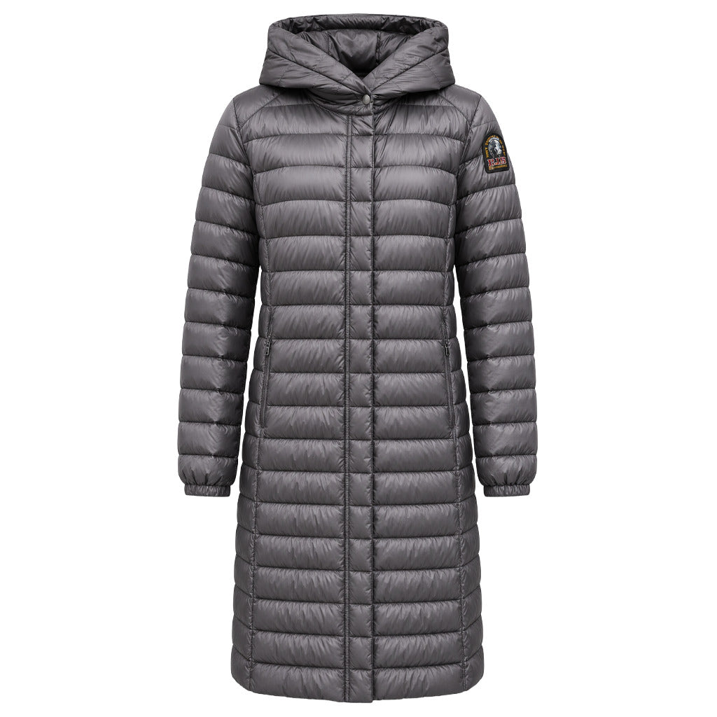 Parajumpers – Magalie long gray down jacket – front view with hood and quilted panels