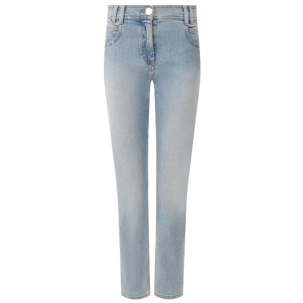 Balmain – light blue regular jeans – front view, laid flat against white