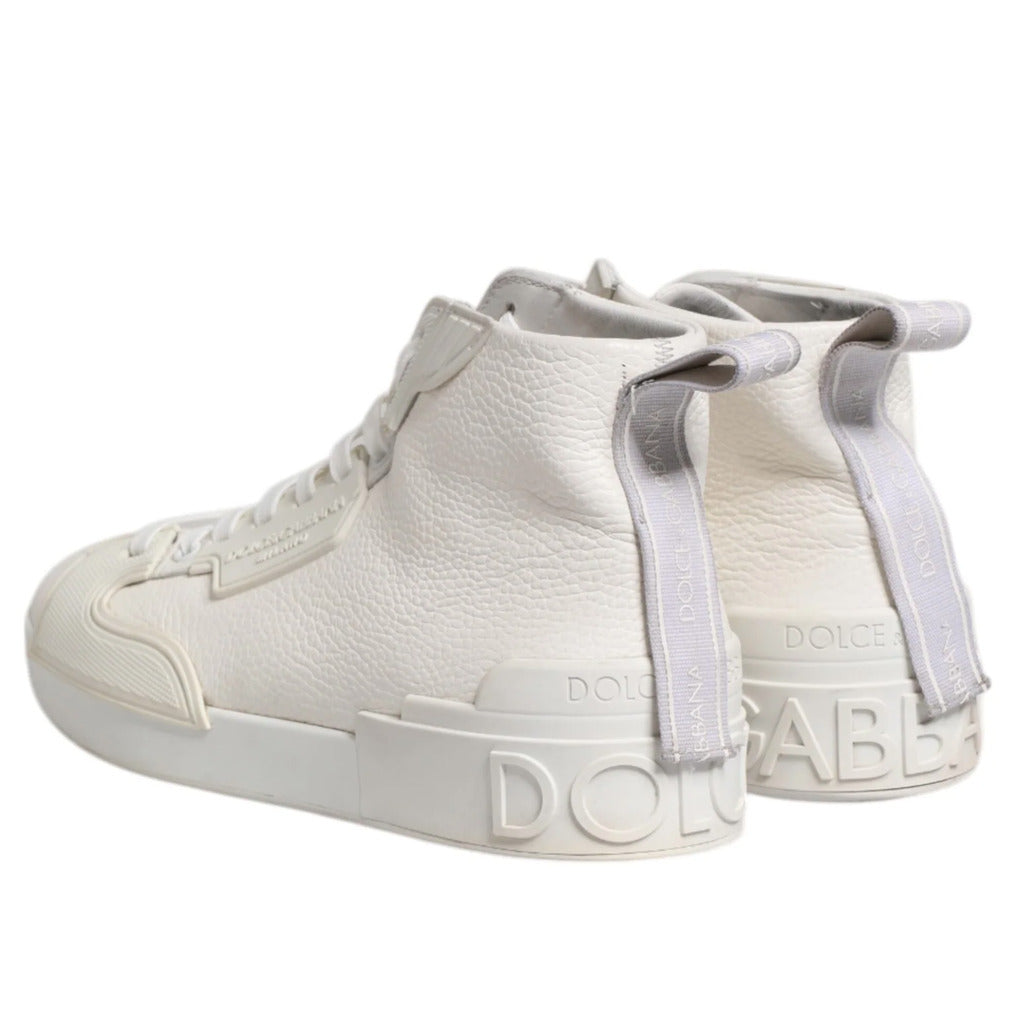 Dolce & Gabbana – white calfskin high-top sneakers – rear three-quarter view with branded heel tabs