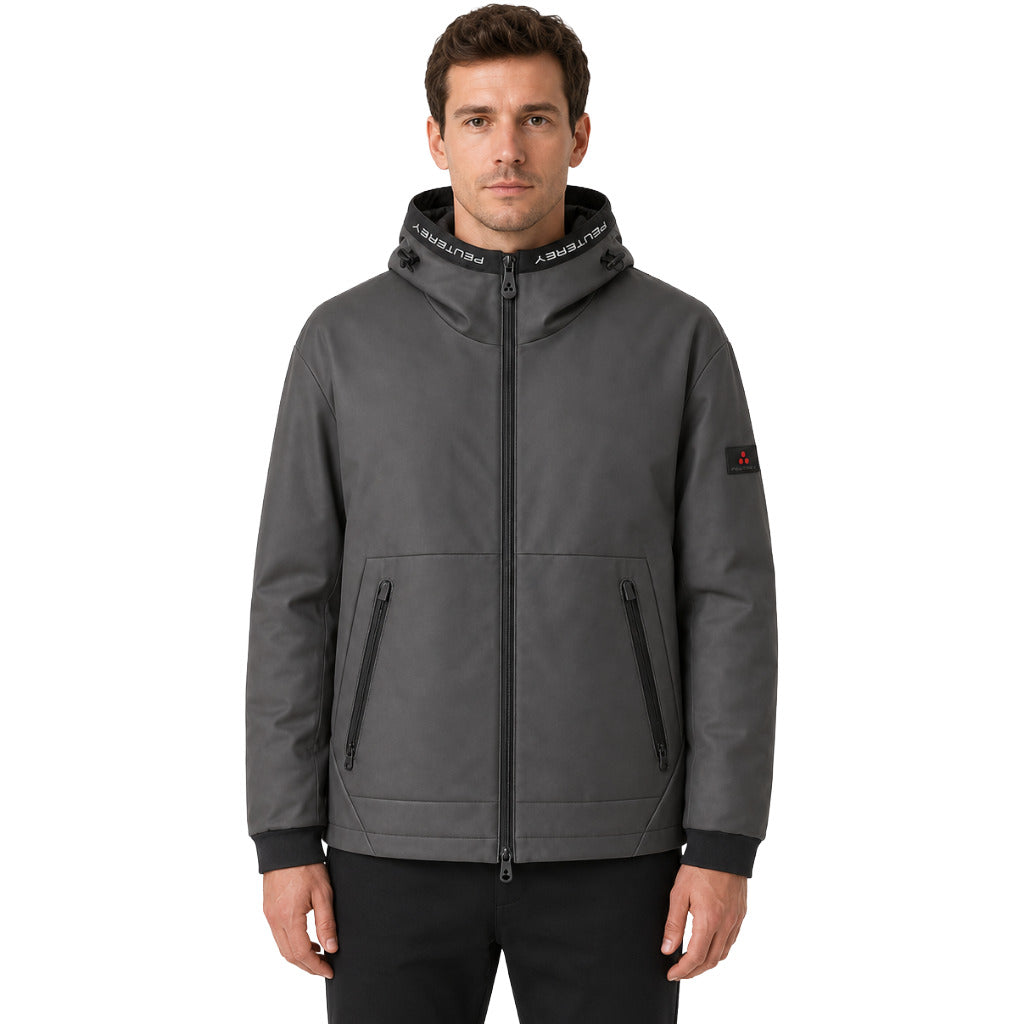 Peuterey – grey hooded windbreaker jacket – front view worn by model