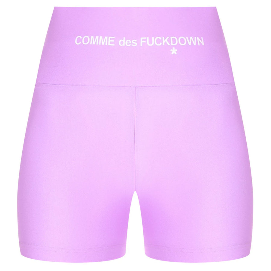Comme Des Fuckdown – Lycra Biker Shorts – Front packshot in lilac with white waistband logo