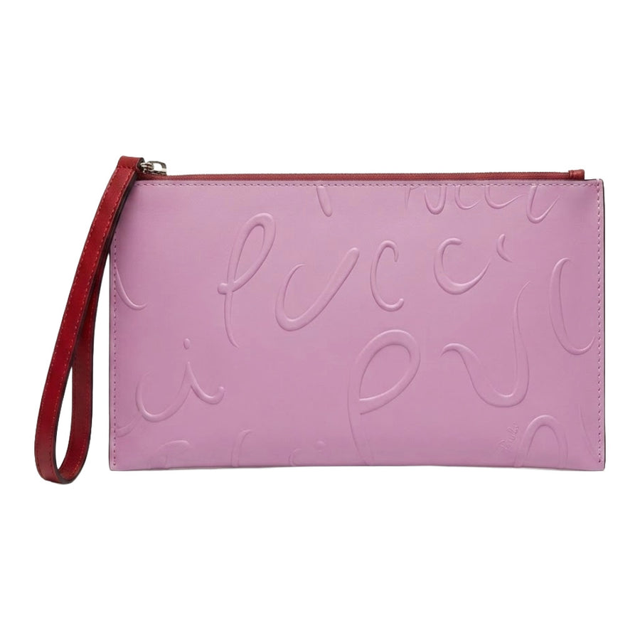 Emilio Pucci – pink clutch bag with wrist strap – front view, strap hanging left