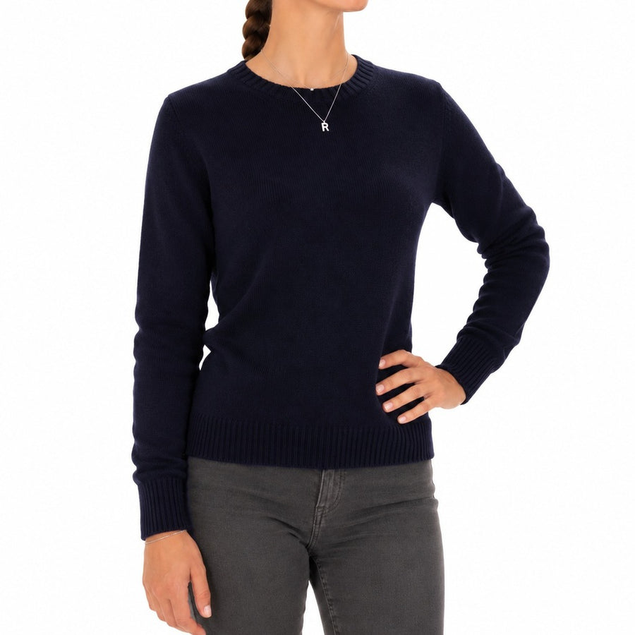 Emilio Romanelli – navy cashmere crew-neck sweater – front view worn with dark jeans