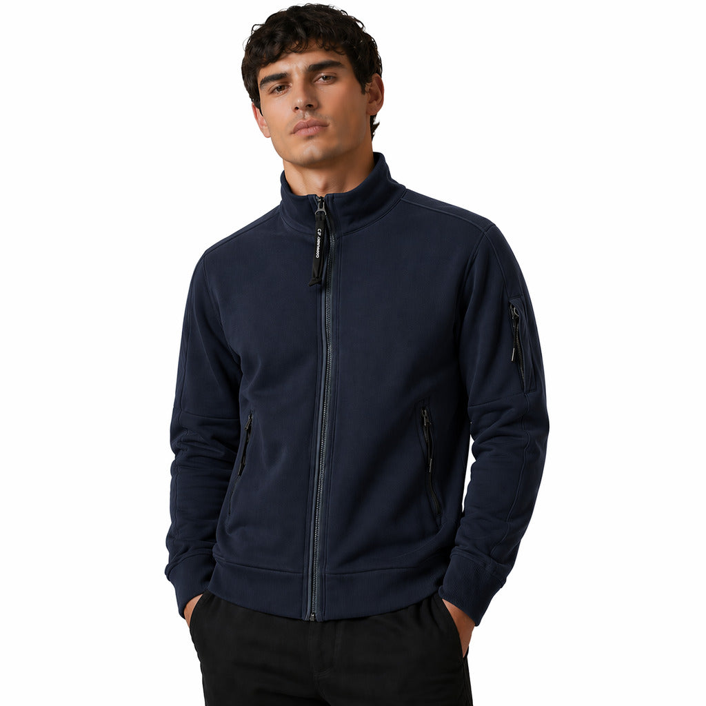 C.P. Company – navy zip sweatshirt with stand collar – front view with zip pockets