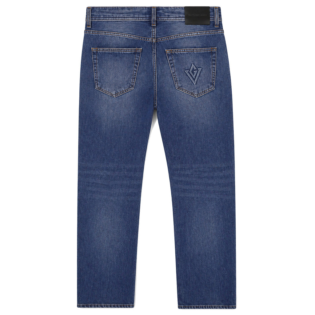 Victory Gate – medium-wash slim-fit jeans – full back view with embroidered pocket logo