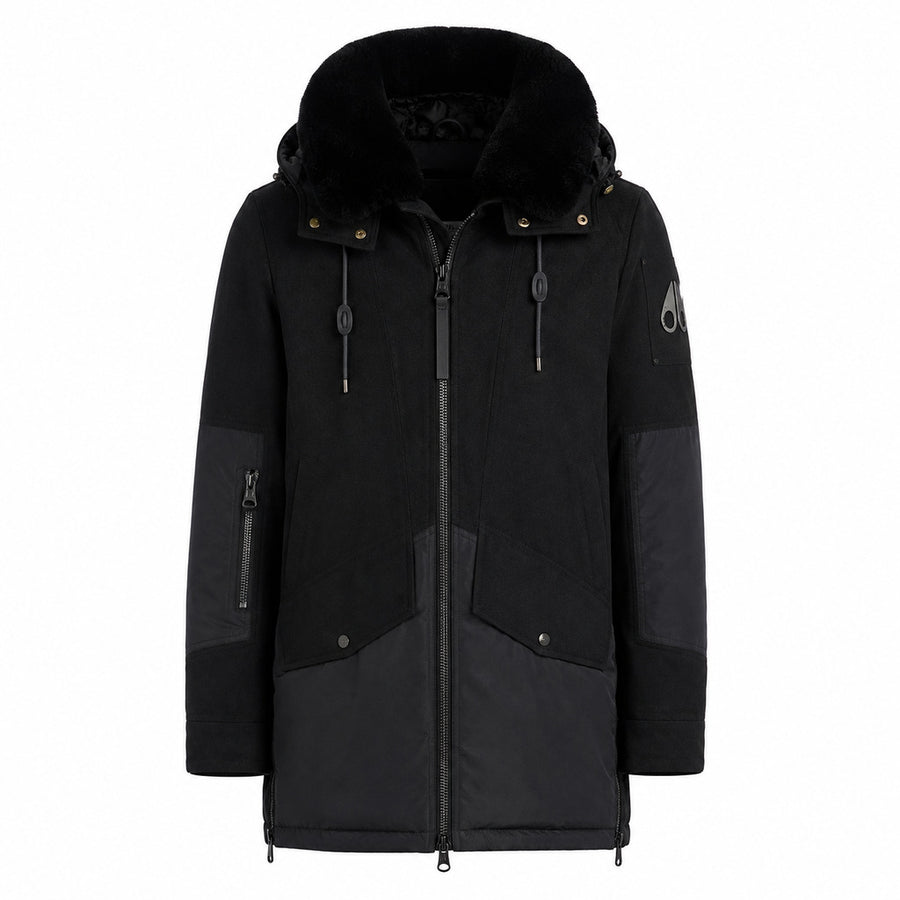 Moose Knuckles – black long jacket with hood – front view on white background