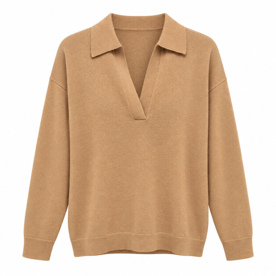 Anna Molinari – camel wool polo sweater – front flat lay