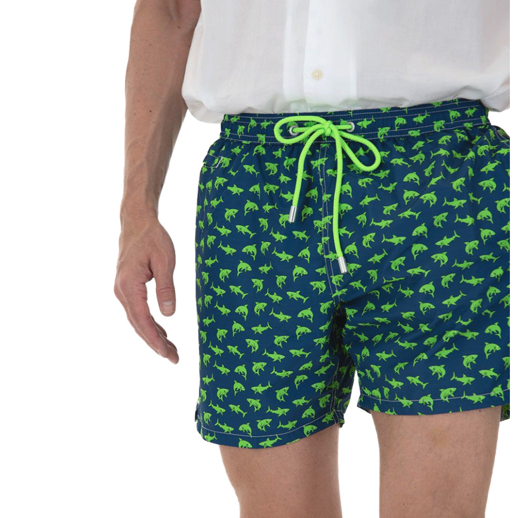 Mc2 Saint Barth – blue shark-print swim shorts – close-up of front waistband and drawstring