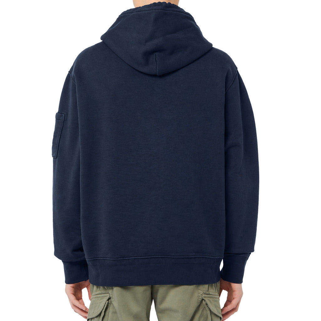 C.P. Company – blue cotton Goggles hoodie – back view with hood