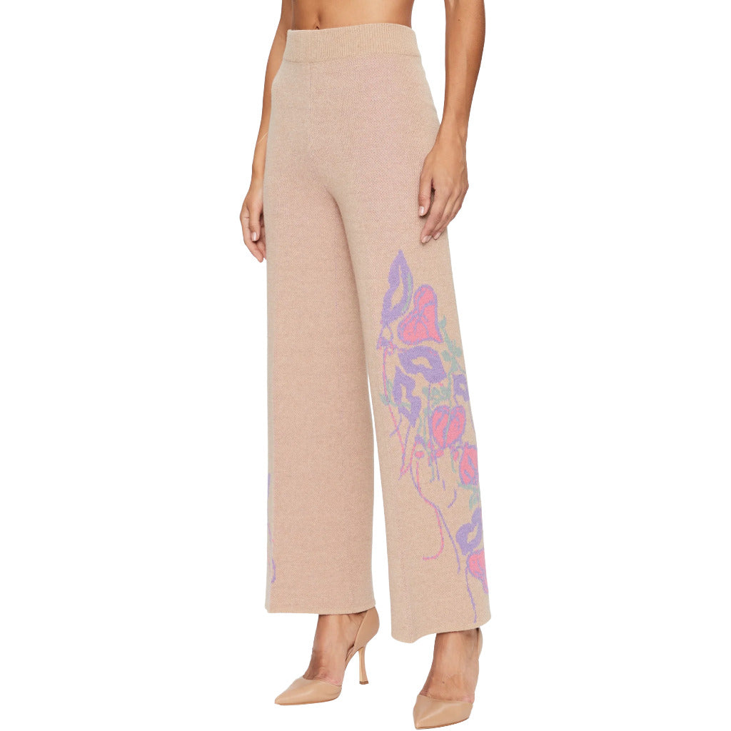 Twinset – beige knit palazzo trousers – front view with colourful floral leg print