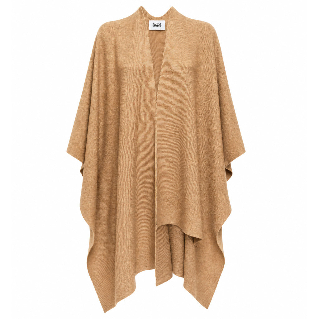 Alpha Studio – wool and cashmere camel poncho – front packshot with draped hem