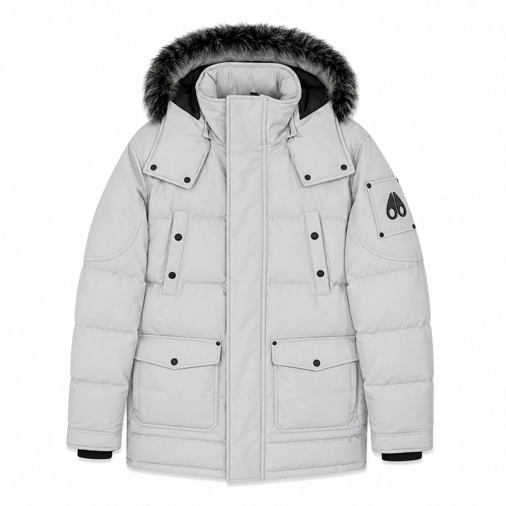 Moose Knuckles – gray Onyx Big Ridge hooded jacket – front flat lay with dark fur trim