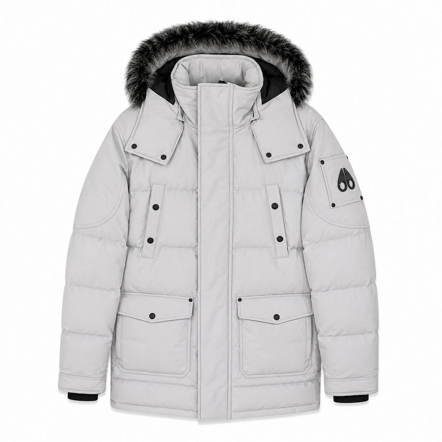 Moose Knuckles – gray Onyx Big Ridge hooded jacket – front flat lay with dark fur trim