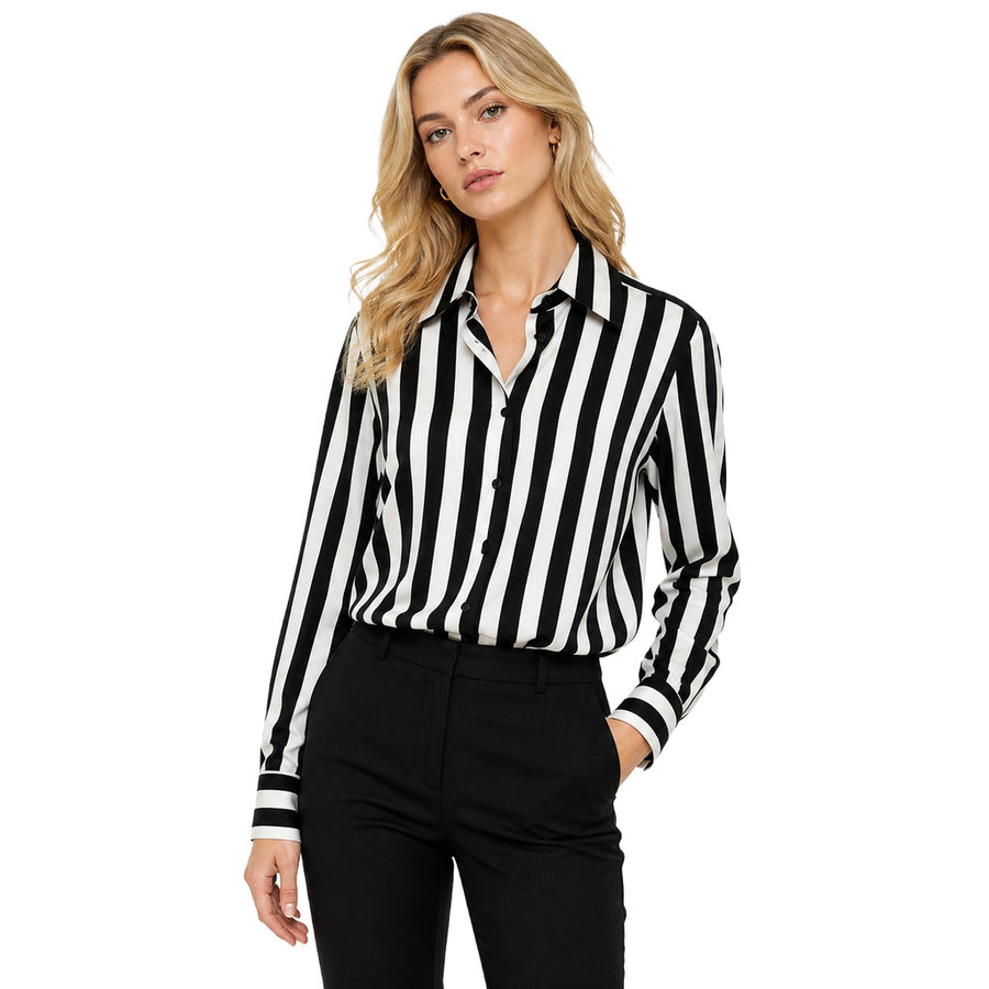 Dolce & Gabbana – black and white striped silk shirt – front view worn by model