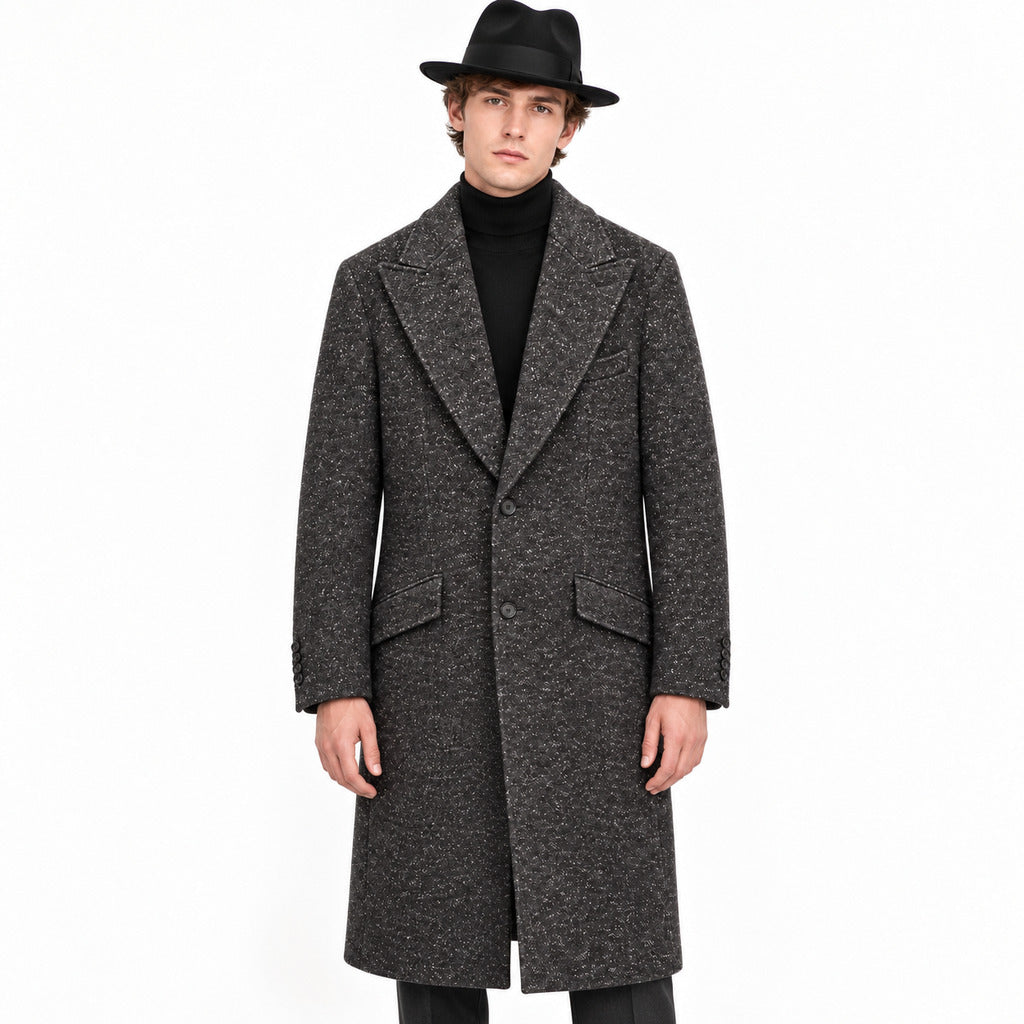Dolce & Gabbana – black tweed coat – worn by model, front view with long silhouette