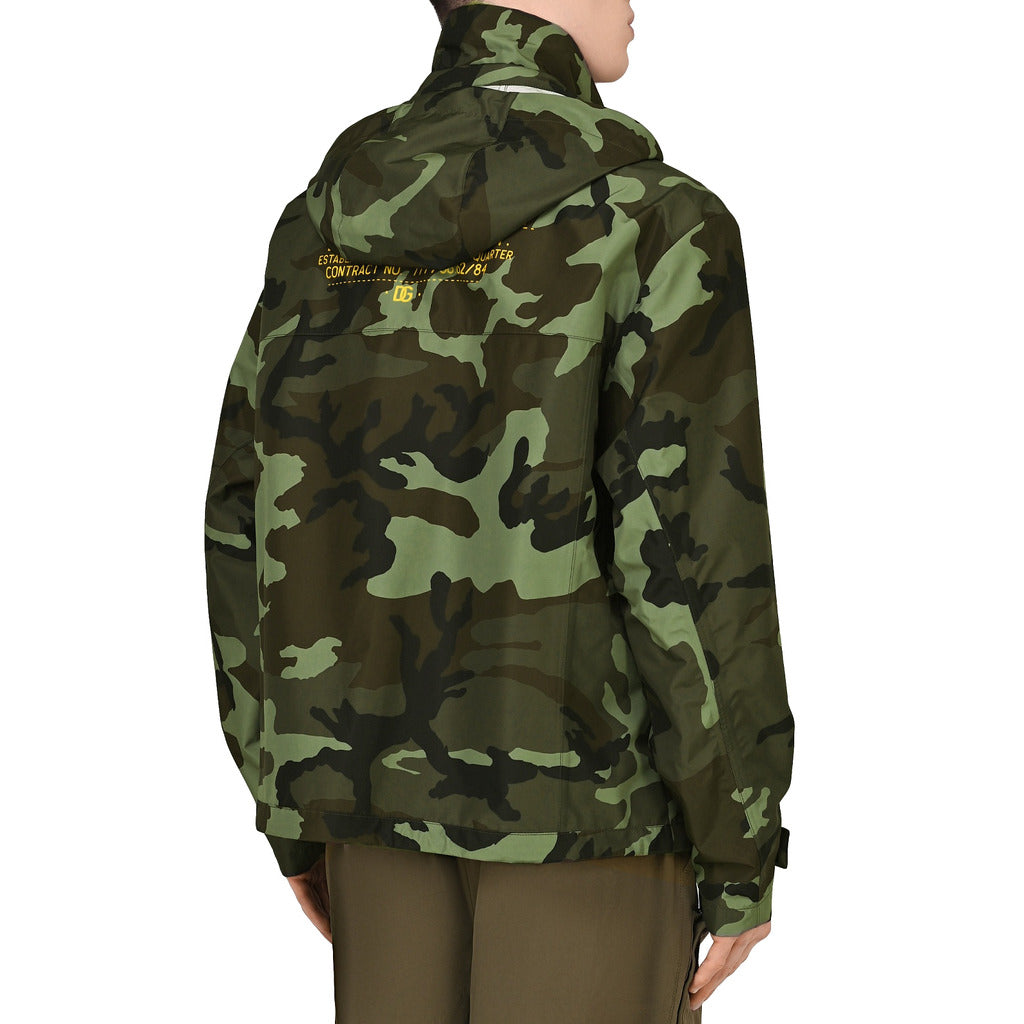 Dolce & Gabbana – camouflage hooded rain jacket – back view on model with hood