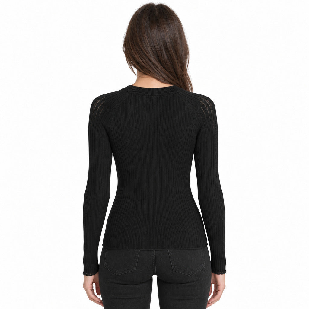 Anna Molinari – fitted black ribbed long-sleeve top – model shown from behind
