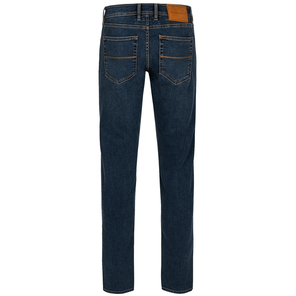 Tramarossa – Michelangelo navy jeans – back flat lay with leather waistband patch