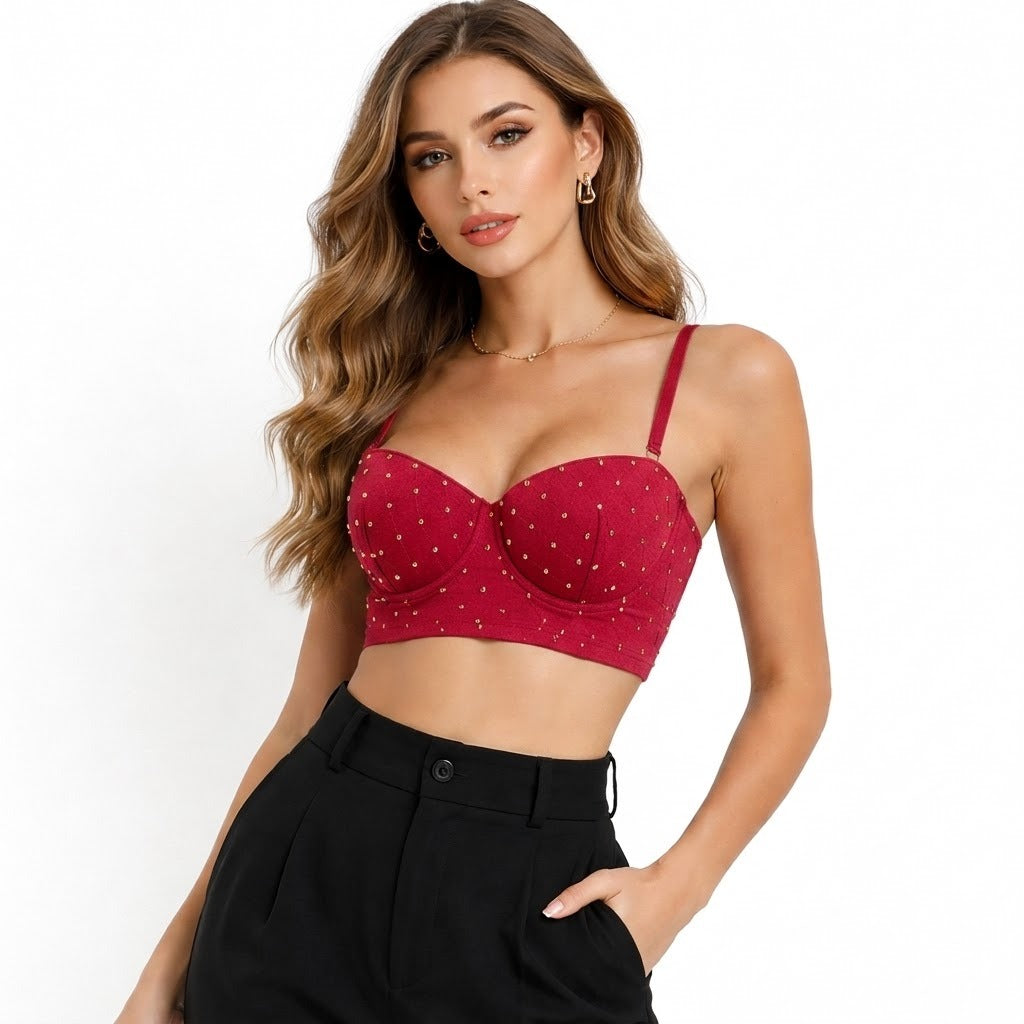 Elisabetta Franchi – red studded cropped bustier top – front view worn with black trousers