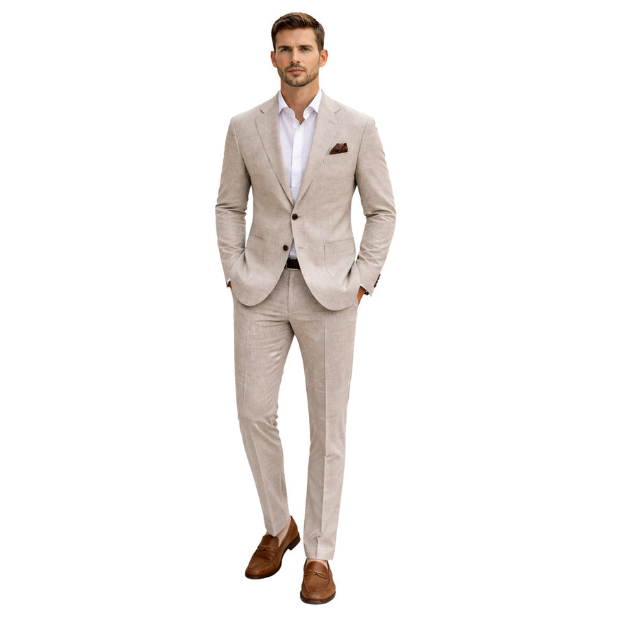 Loro Piana Tessuto – beige wool, silk and linen suit – front view on model