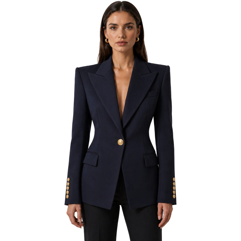 Balmain – blue single-breasted jacket – front view worn by model with gold buttons