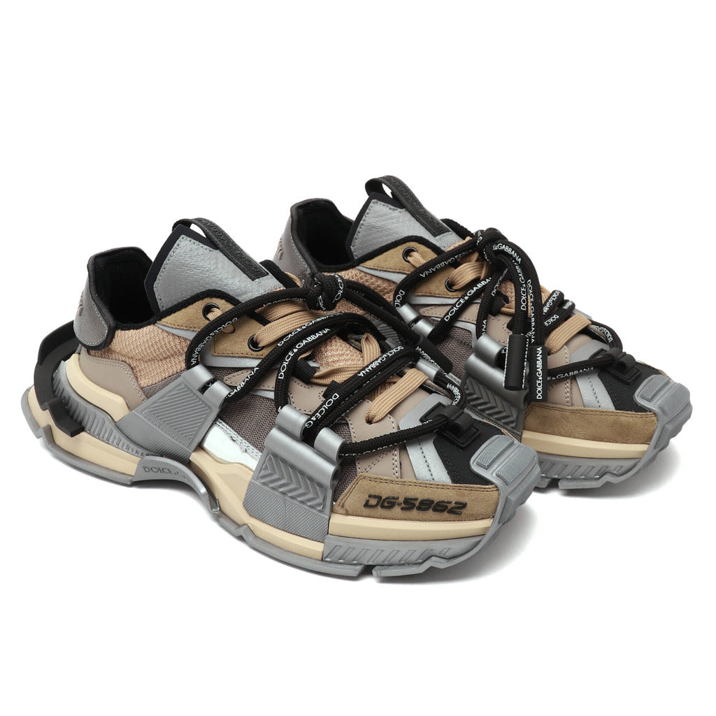 Dolce & Gabbana – grey fabric low-top sneakers – angled pair with layered panels and black laces