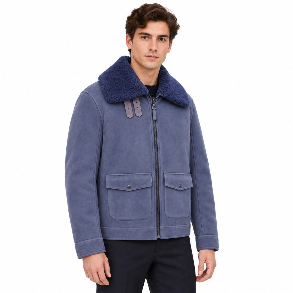 Dolce & Gabbana – blue shearling jacket – model wearing it from the front