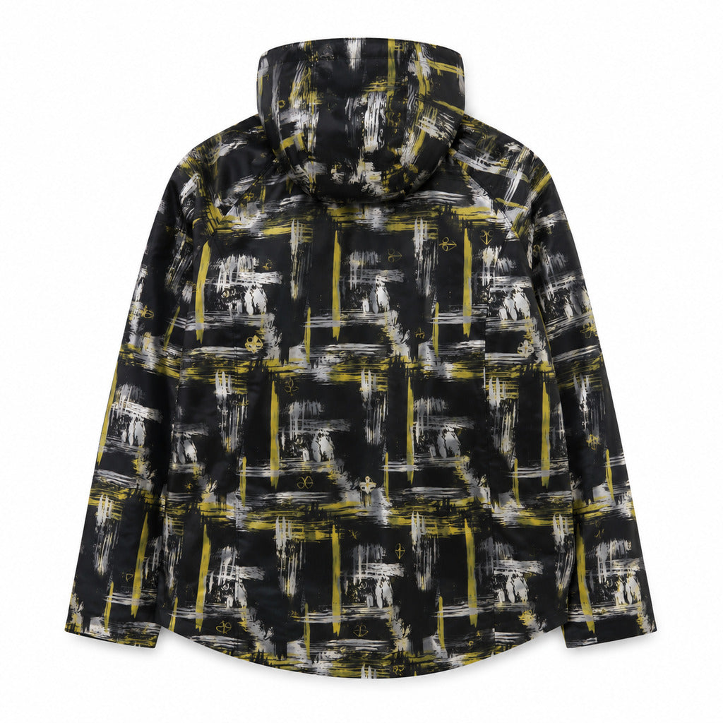 Moose Knuckles – Plamondon black hooded jacket – back flat view showing abstract print