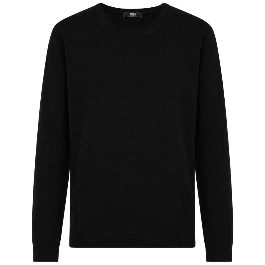 Alpha Studio – black silk and cashmere crew-neck sweater – front view, flat packshot