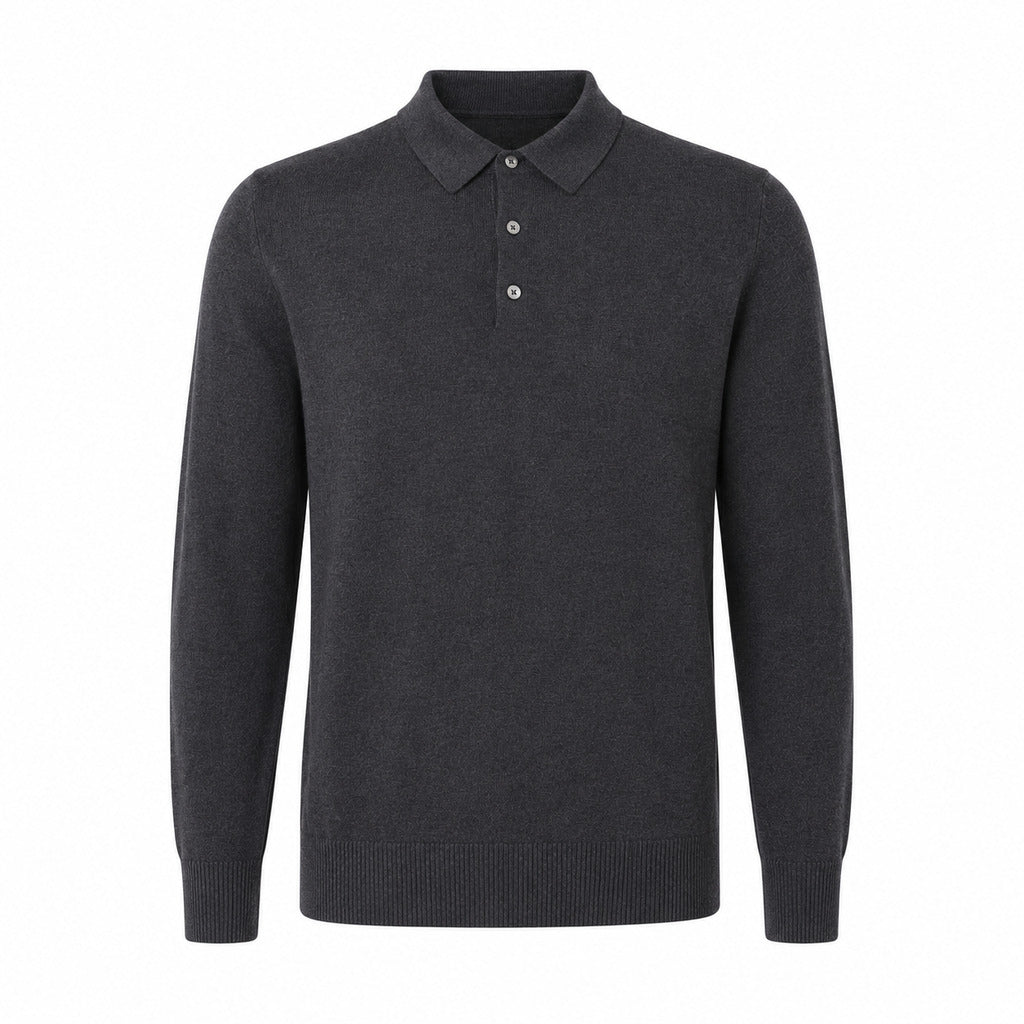 Alpha Studio – grey merino wool polo sweater – front packshot with pointed collar